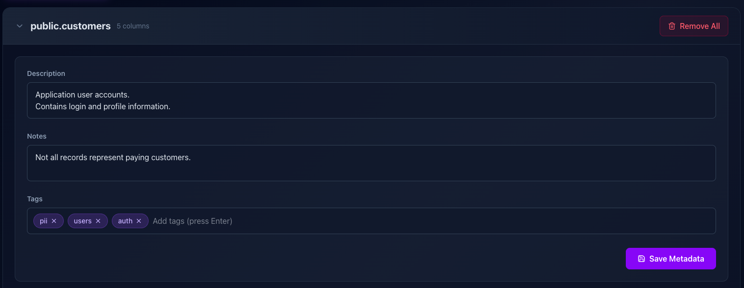 Table metadata editor interface